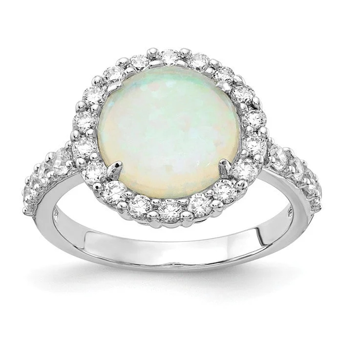 classic signet ring for men -Cheryl M Sterling Silver Round White Created Opal & CZ Halo Ring