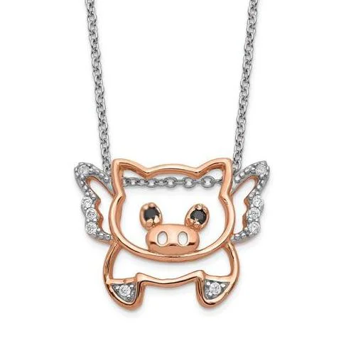 diamond tennis necklace -Cheryl M Sterling Silver Rose Gold Plated CZ Flying Pig 18" Necklace