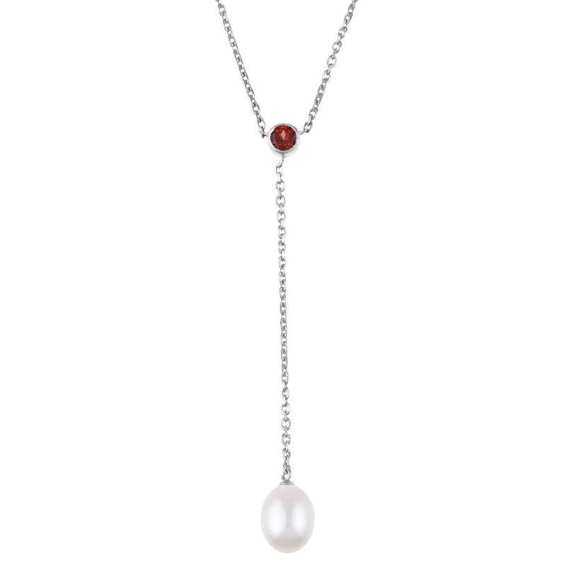 luxury pearl choker necklace -DaVonna Silver Chian with White FW Pearl and Garnet Necklace (8.5-9 mm)