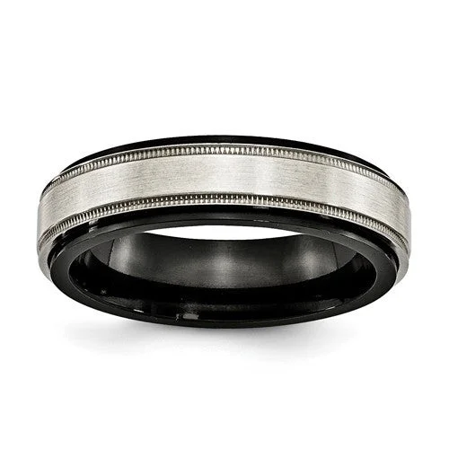 engraved couple matching rings -Edward Mirell Black Titanium & Sterling Silver Satin & Polished Milgrain Band