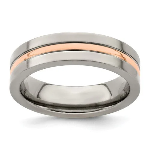 organic shape handmade ring -Edward Mirell Titanium And 14k Rose Gold Grooved 6mm Band