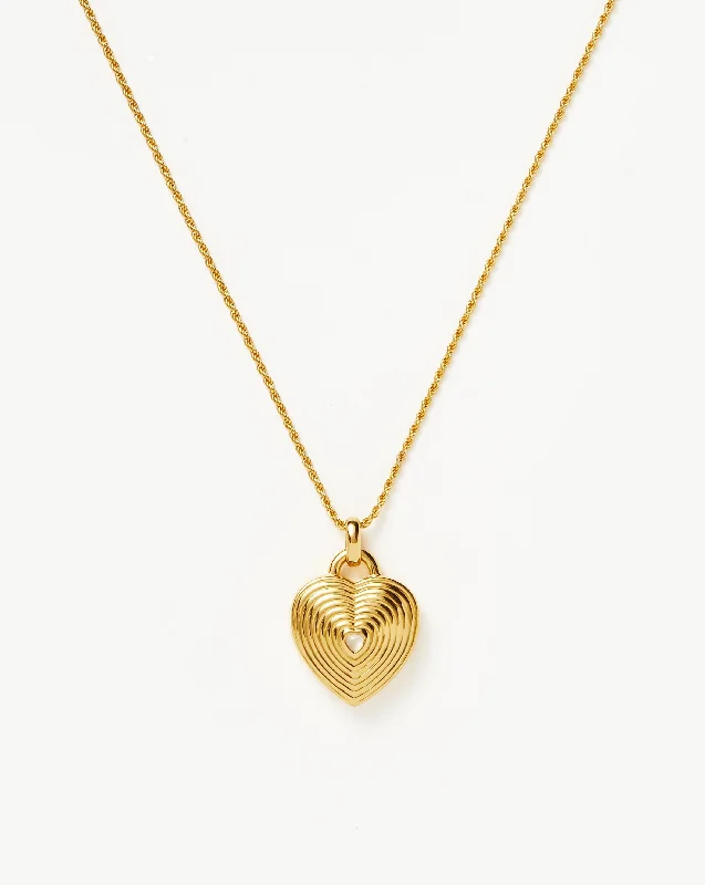 gold and diamond necklace -Engravable Heart Ridge Locket Pendant Necklace | 18ct Gold Vermeil/Rainbow Moonstone