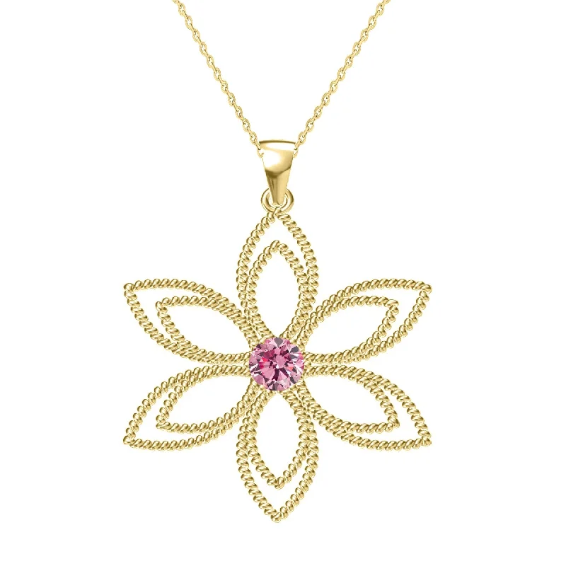 simple gold charm necklace -Gold Over Sterling Silver with Pink Moissanite Flower Pendant-18"Chain