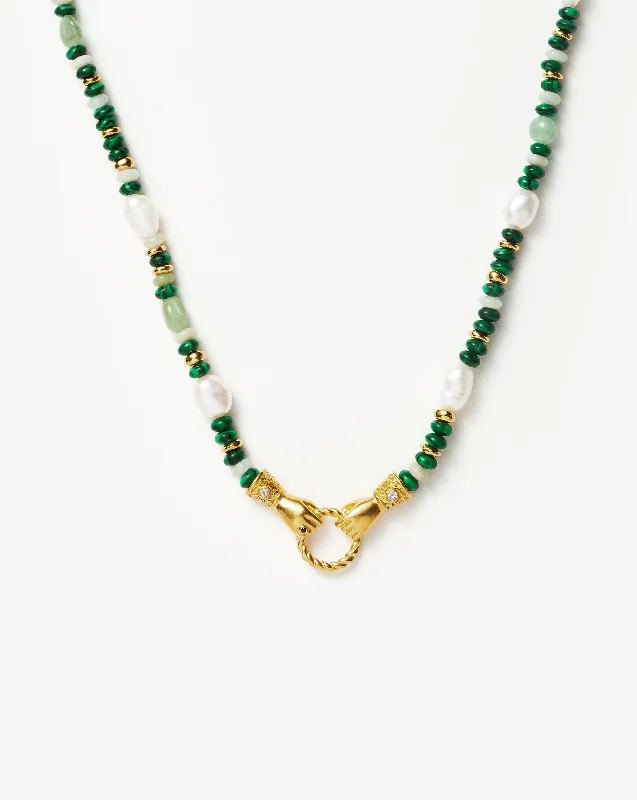 turquoise stone necklace -Harris Reed In Good Hands Beaded Gemstone Necklace | 18ct Gold Plated/Multi Green Gemstone & Pearl