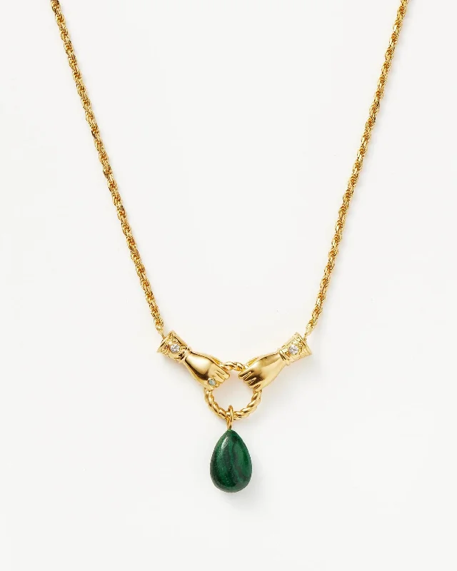 dainty circle pendant necklace -Harris Reed In Good Hands Drop Pendant Necklace | 18ct Gold Plated/Malachite & Pearl