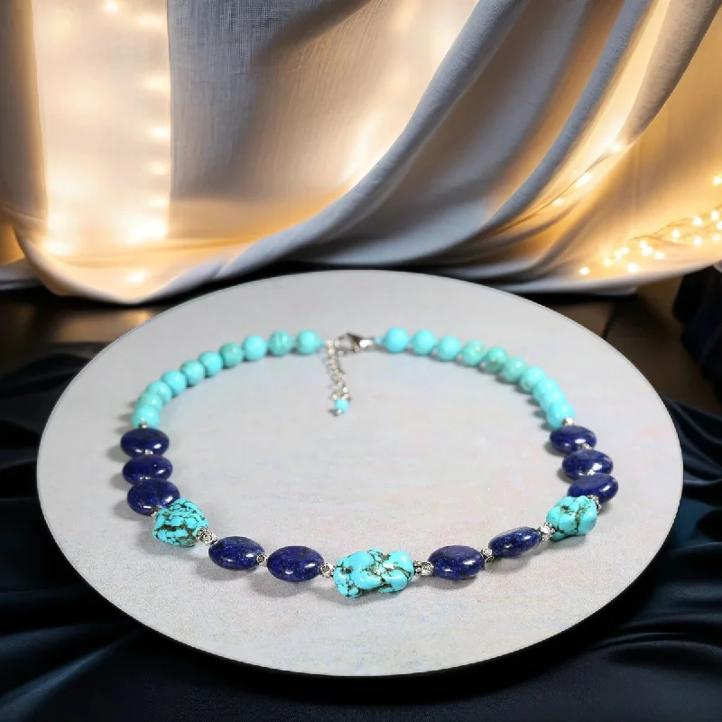 gold choker necklace for women -Magnesite Turquoise and Lapis Hand Knotted Necklace