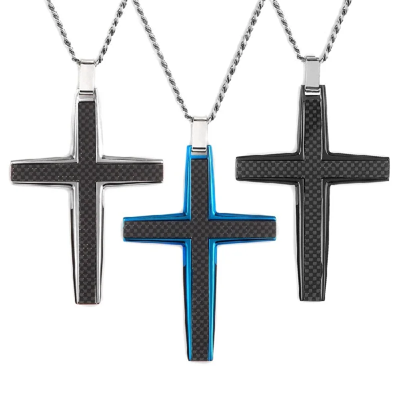 custom engraved necklace -Men's Carbon Fiber Inlay Large Cross Stainless Steel Pendant