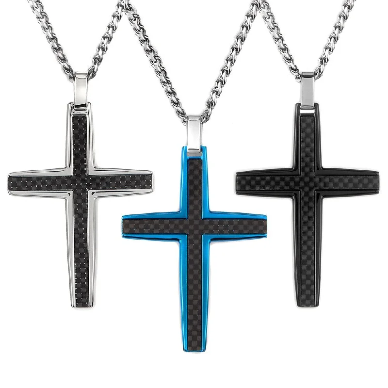 silver chain necklace for men -Men's Carbon Fiber Inlay Medium Cross Stainless Steel Pendant