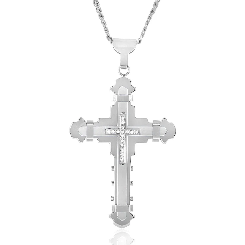 sterling silver infinity necklace -Men's Cubic Zirconia Multi-Layer Stainless Steel Cross Necklace - 24"