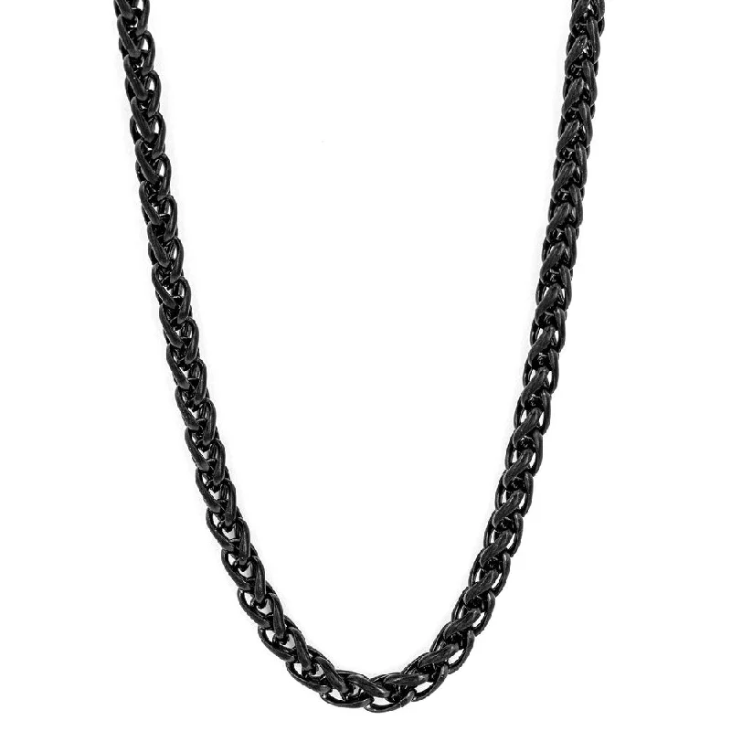 black onyx pendant necklace -Men's Spiga Chain Black Plated Stainless Steel Necklace (3mm) - 24"