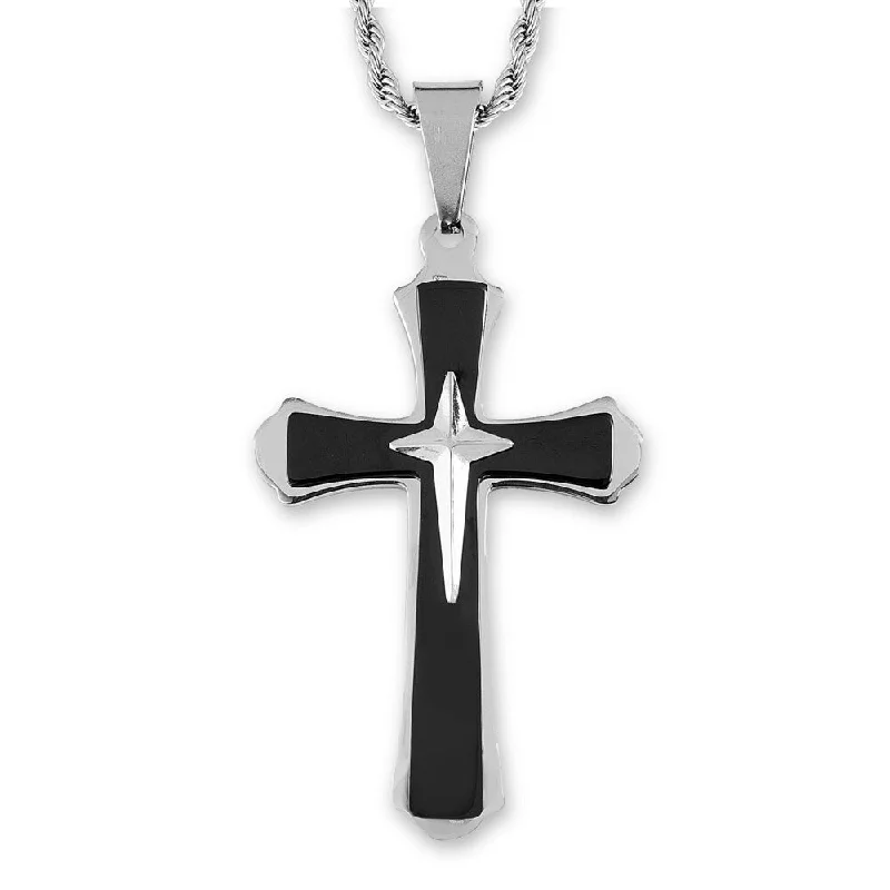 men’s lion pendant necklace -Men's Two-Tone Stainless Steel Flared Triple Layer Cross Pendant