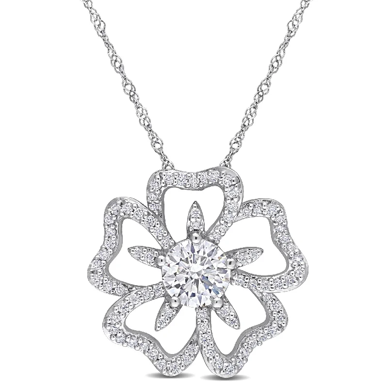 hammered gold pendant necklace -Miadora 1 1/10ct DEW Created Moissanite Flower Necklace Sterling Silver