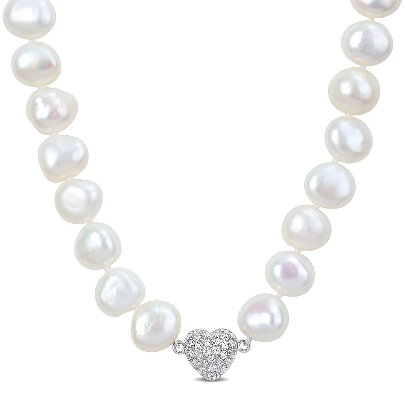 minimalist silver necklace -Miadora 11-12mm Cultured Freshwater Pearl Strand & Heart-Shape Cubic Zirconia Necklace - 18 in