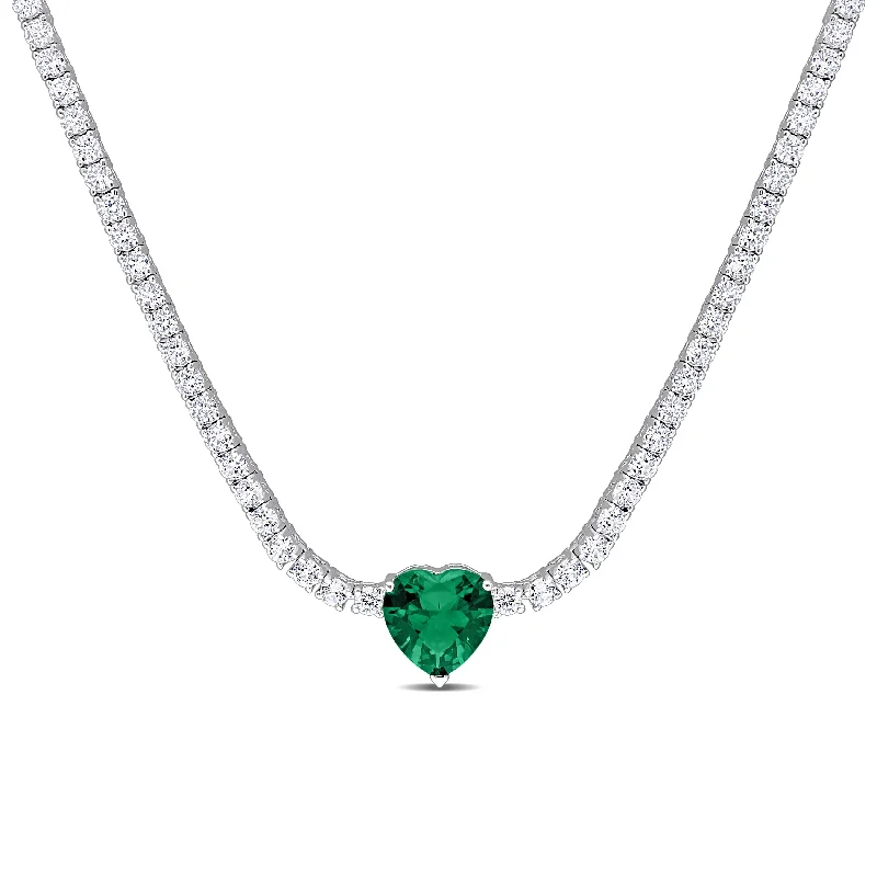 chunky chain necklace for men -Miadora 18 CT TGW Heart Shaped Green Cubic Zirconia & Created White Sapphire Tennis Necklace in Sterling Silver