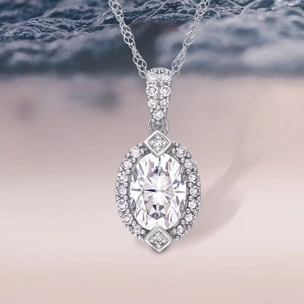 art deco style necklace -Miadora 1ct DEW Oval-cut Moissanite and 1/8ct TDW Diamond Halo Drop Necklace in 10k White Gold - 16.5 mm x 17 inch x 7.7 mm