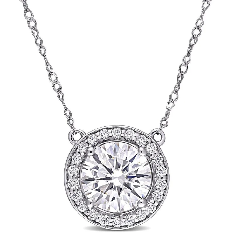 heart locket necklace for women -Miadora 2 1/5ct DEW Moissanite Halo Necklace in 14k White Gold - 12.1 mm x 17 in x 12.1 mm