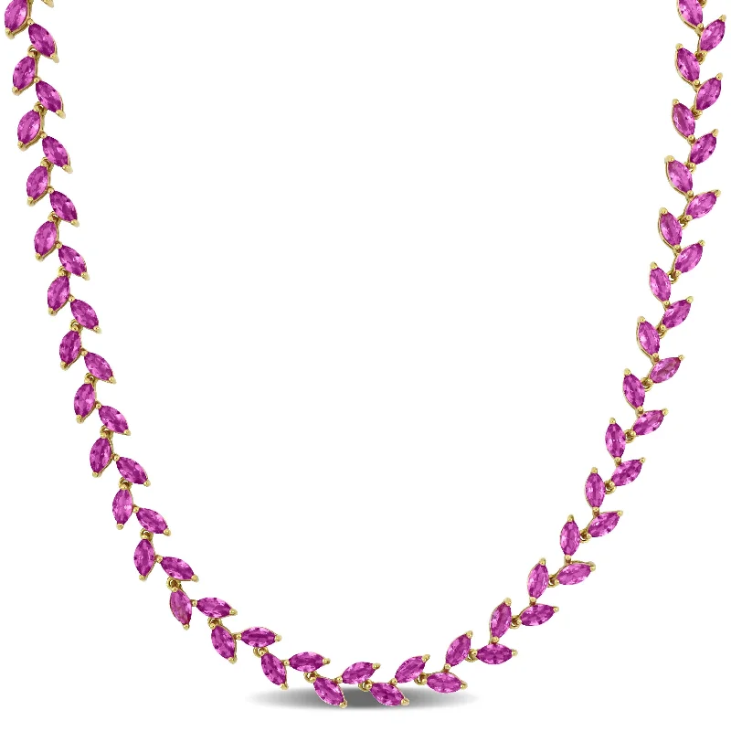 pearl necklace for brides -Miadora 29 1/2ct TGW Created Pink Sapphire Leaf Necklace in Yellow Silver-17 in