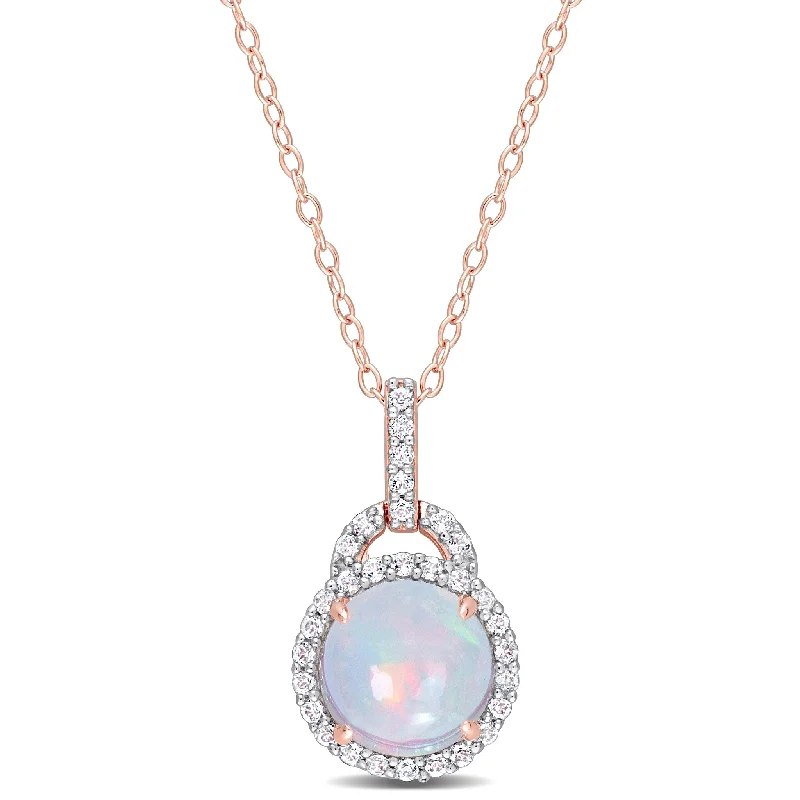 simple gold charm necklace -Miadora 3 1/4ct TGW Blue Ethiopian Opal White Topaz Halo Necklace Rose Silver