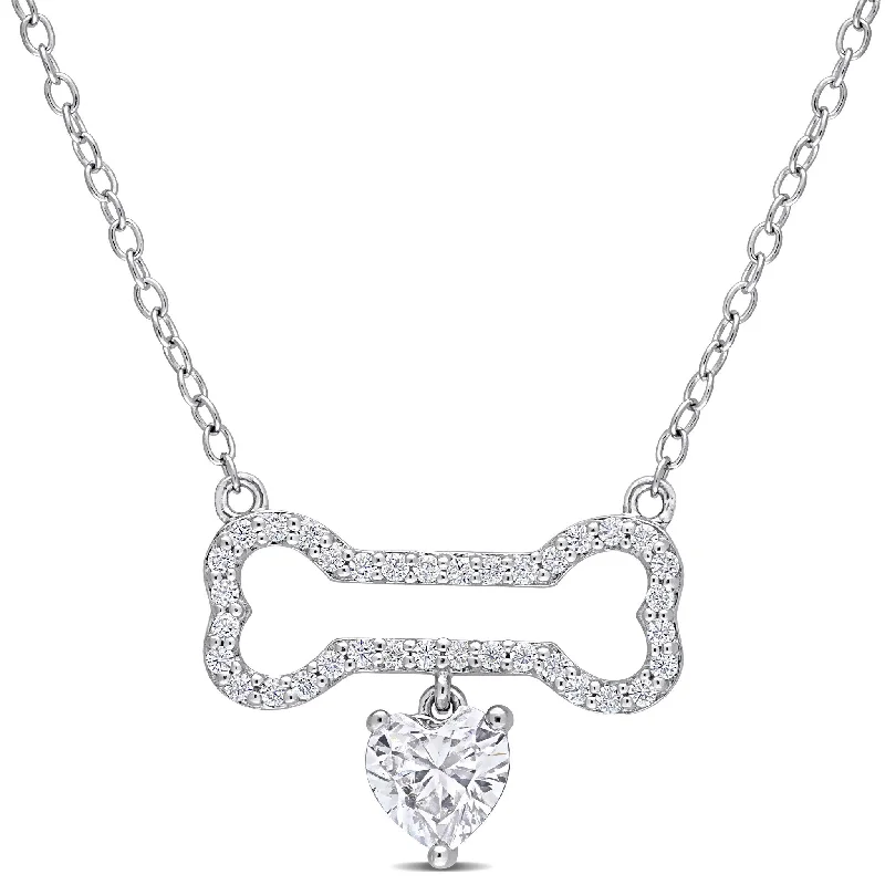 diamond solitaire necklace -Miadora 3/4ct DEW Created Moissanite Dog Bone Heart Necklace Sterling Silver