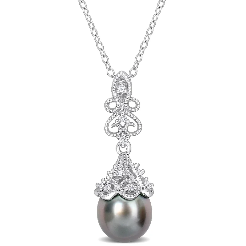 custom photo pendant necklace -Miadora 8-8.5mm Black Tahitian Cultured Pearl 1/8ct TGW White Topaz Pendant Sterling Silver