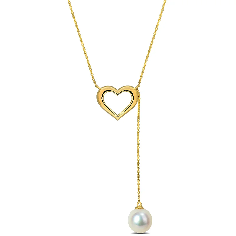 men’s dog tag necklace -Miadora 8-8.5mm Cultured Freshwater Pearl Heart Lariat Necklace in 10k Yellow Gold - 17+1 in