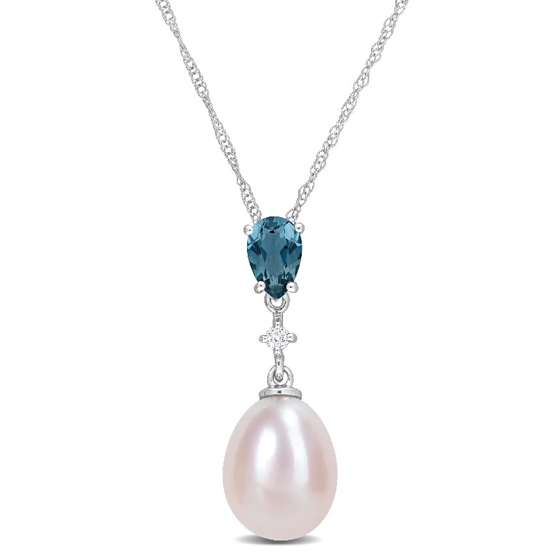 oval pendant necklace for women -Miadora Pink Cultured Freshwater Pearl 1/2ct TGW Blue Topaz Diamond Accent Necklace 10k White Gold