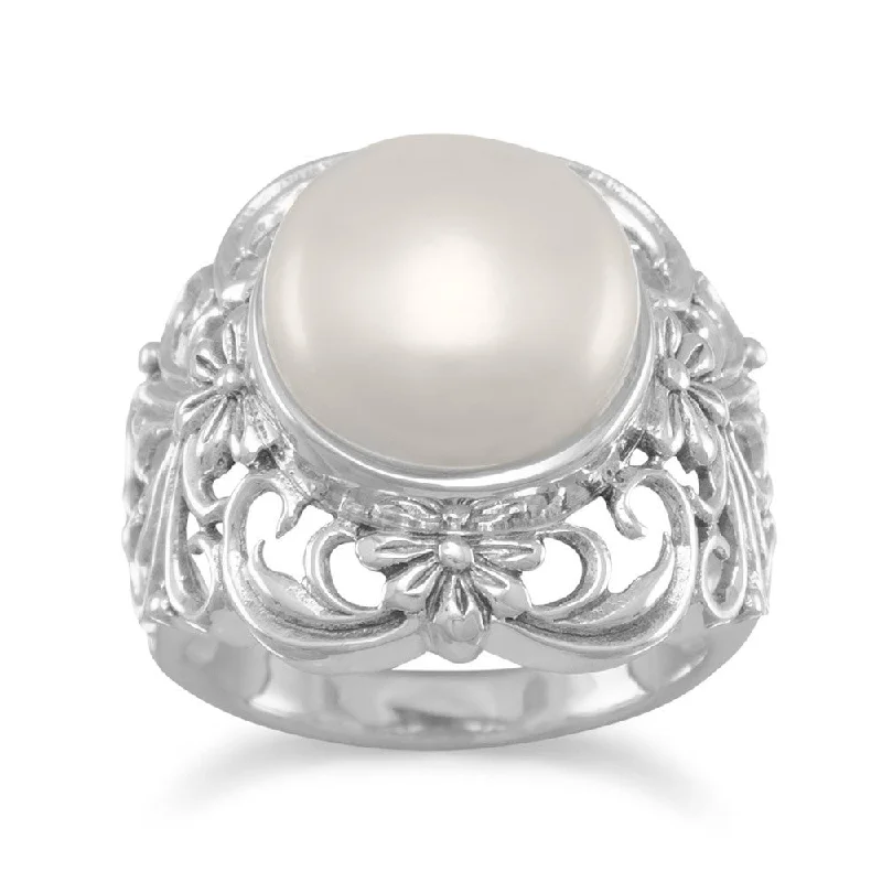 blue topaz cocktail ring -Sterling Silver Ornate Cultured Freshwater Pearl Ring