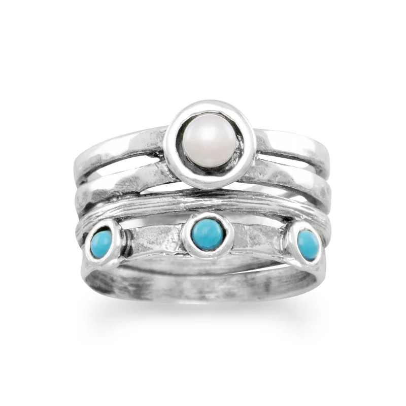 antique inspired wedding ring -Sterling Silver Freshwater Pearl and Turquoise Ring