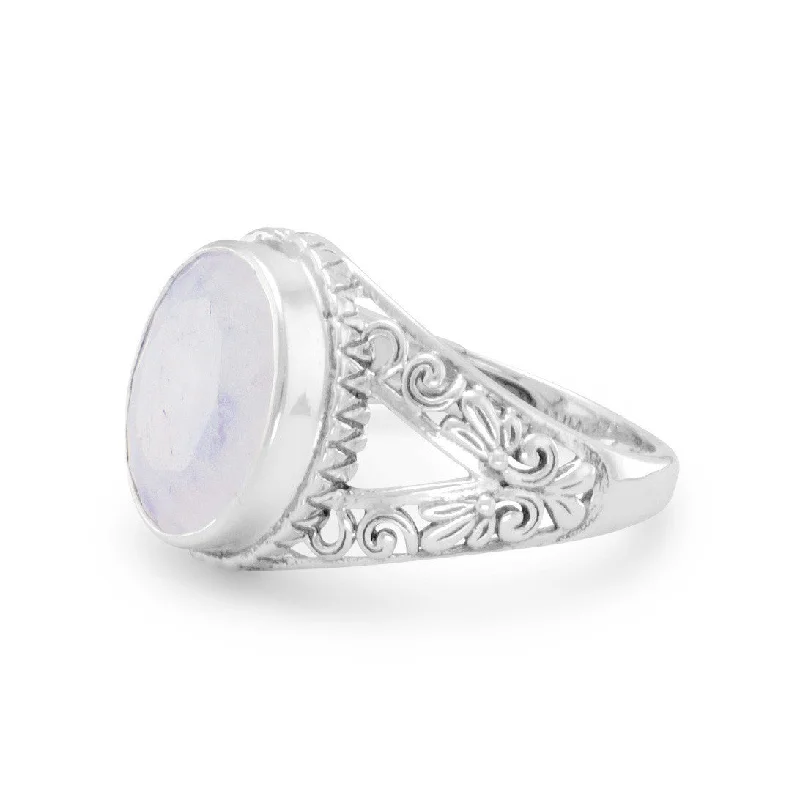 resin flower ring -Sterling Silver Ornate 12mm Oval Rainbow Moonstone Ring