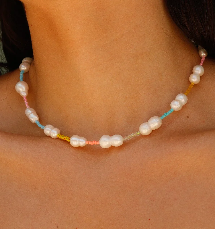 turquoise stone necklace -Pearl Necklace With Pastel Beads