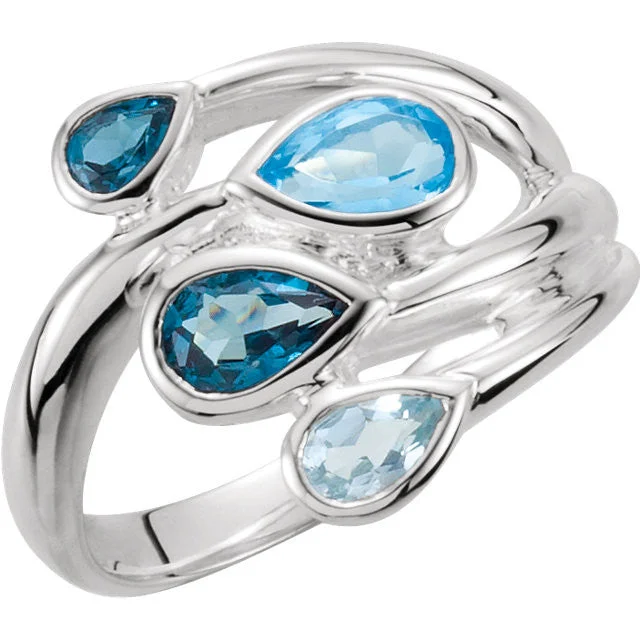 minimalist thin band ring -Sterling Silver Sky Blue, London Blue & Swiss Blue Topaz Bypass Ring