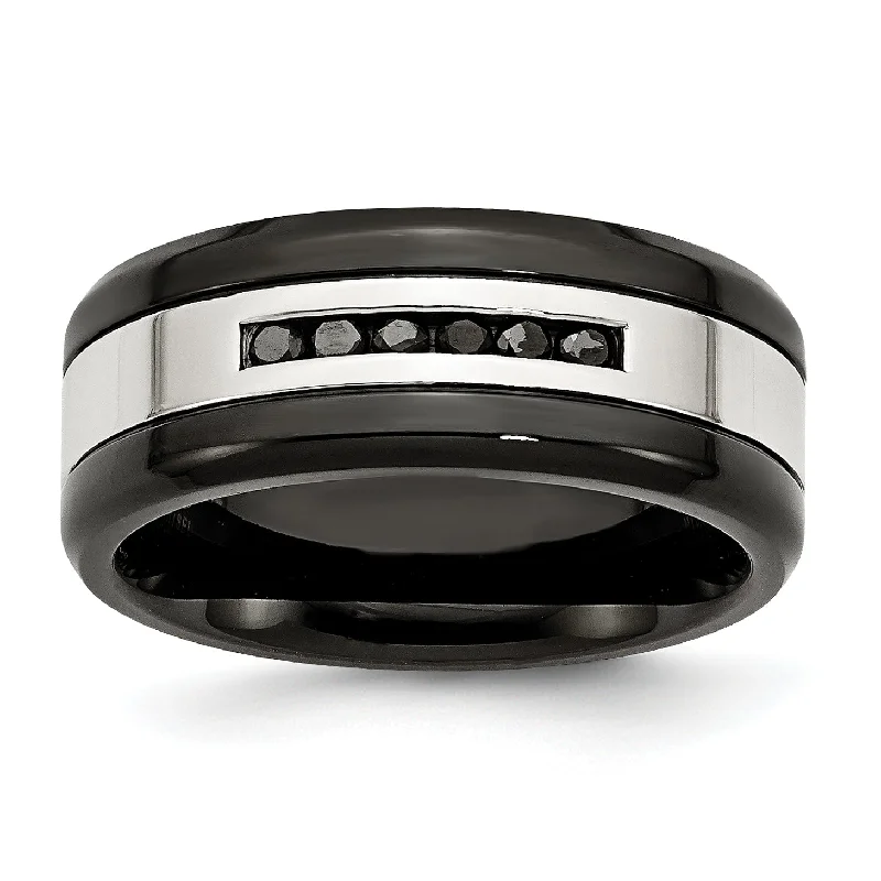 snake shaped wrap ring -Stainless Steel Black IP-Plated Polished Black Diamond 9mm Men's Band