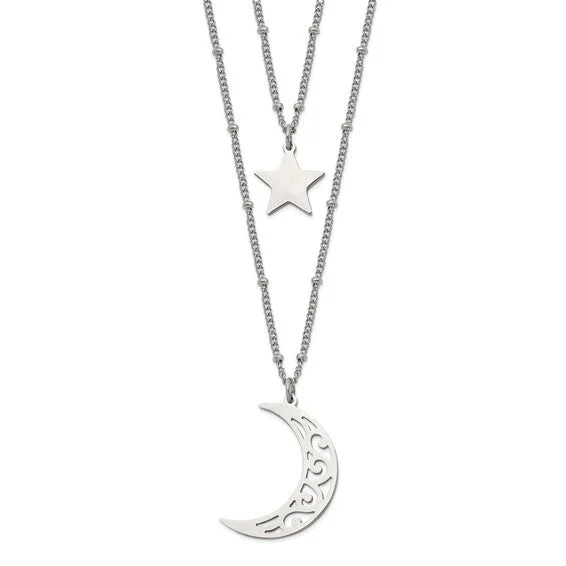 men’s cross pendant necklace -Stainless Steel Polished 2 Strand Beaded Star And Moon 30" Necklace