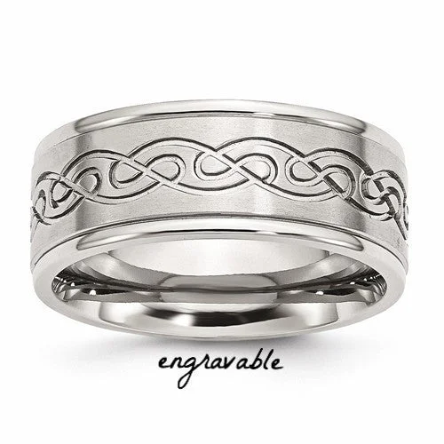 braided rope design ring -Stainless Steel Scroll Design 9mm Brushed & Polished Ridged Edge Band