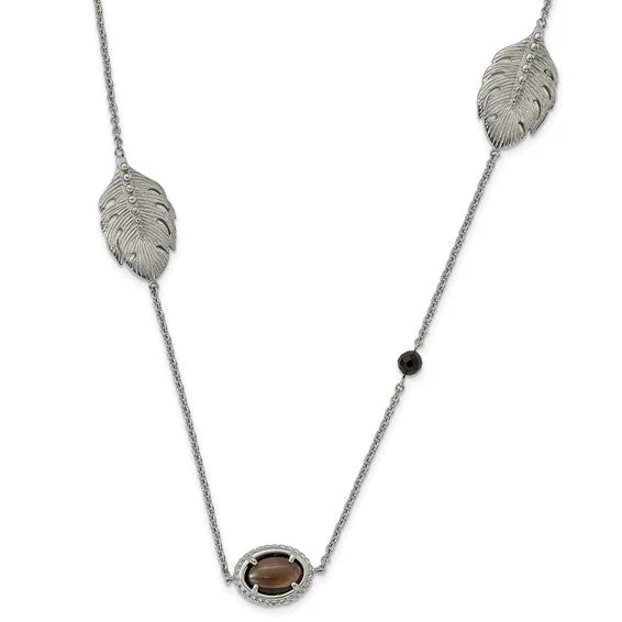 handmade gemstone necklace -Stainless Steel Smoky Quartz and Black Onyx and Feather 32" Long Necklace