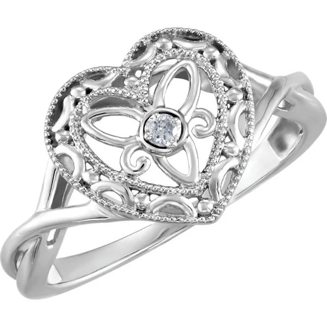 butterfly shaped ring -Sterling Silver Genuine Diamond Heart Crossed Band Filigree Ring