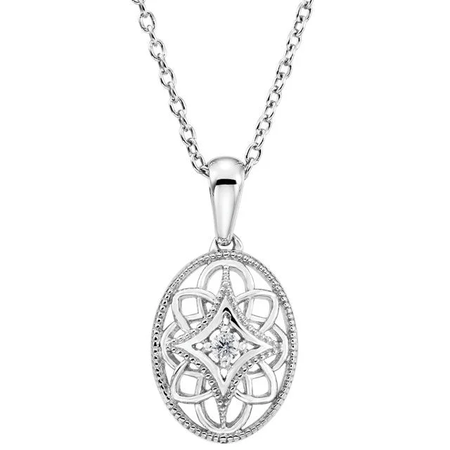 custom letter charm necklace -Sterling Silver .03 CTW Diamond Oval Filigree Pendant 18" Necklace