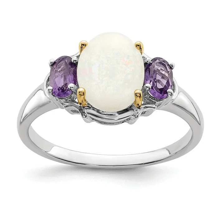 14k gold wedding band -Sterling Silver & 14K Gold Genuine Opal & Amethyst Ring