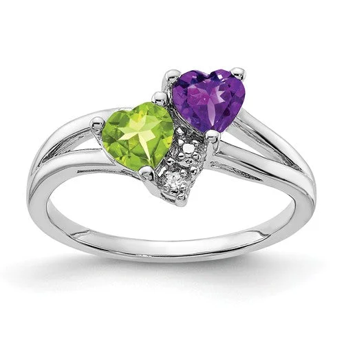 sapphire and diamond ring -Sterling Silver Amethyst Peridot Double Heart and Diamond Accent Ring