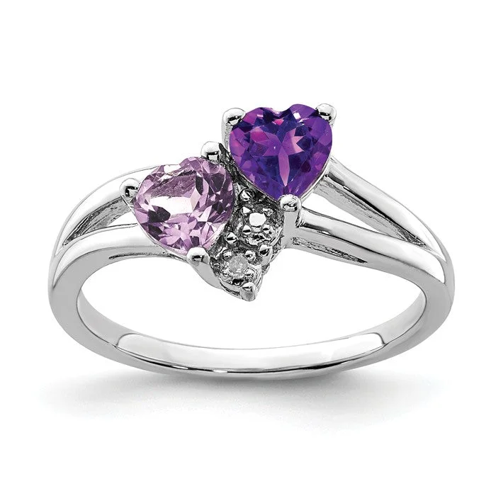 sapphire engagement ring -Sterling Silver Amethyst & Pink Quartz & Diamond Double Heart Ring