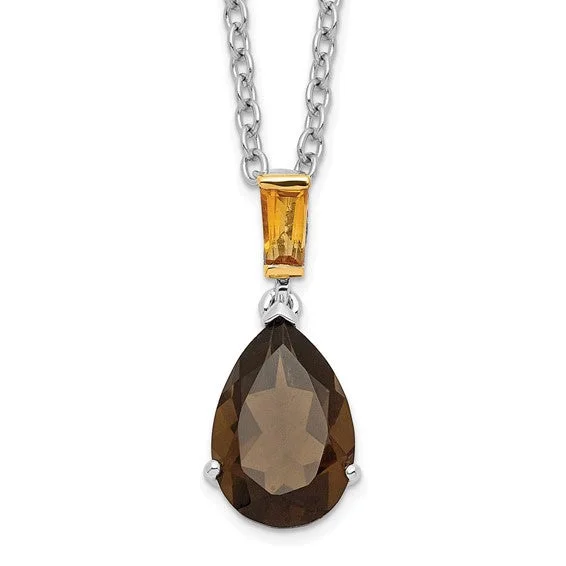 moonstone pendant necklace -Sterling Silver And 14K Yellow Gold Smoky Quartz Pear And Citrine Necklace