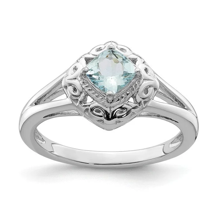 hammered texture wedding band -Sterling Silver Genuine Aquamarine Square Cushion Filigree Ring