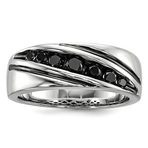 stackable rings for her -Sterling Silver Black Diamond Men's Band Ring