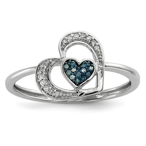 gemstone birthstone ring -Sterling Silver Blue and White Diamond Heart Ring