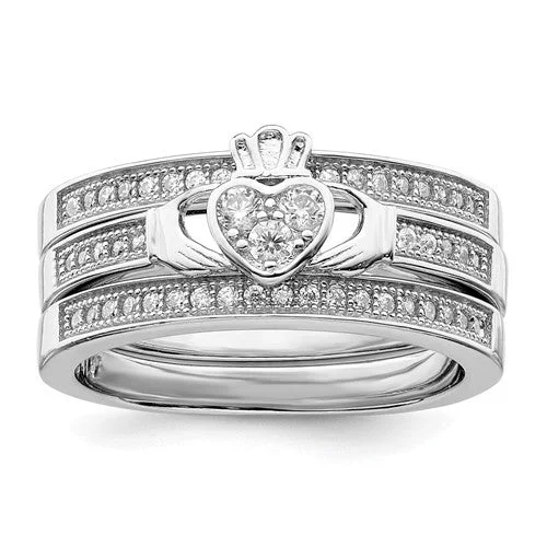 custom initial letter ring -Sterling Silver Claddagh Pave Trio Set Rings