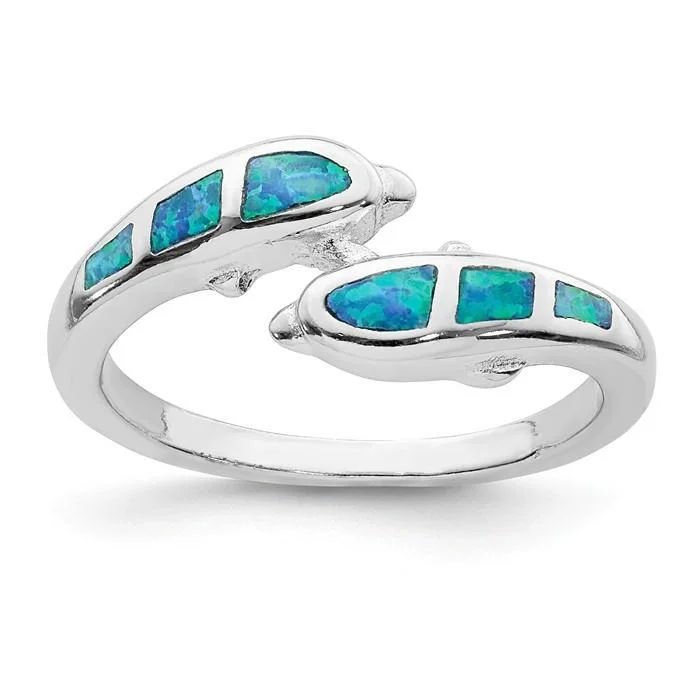 engraved name ring -Sterling Silver Created Blue Opal Dolphins Ring