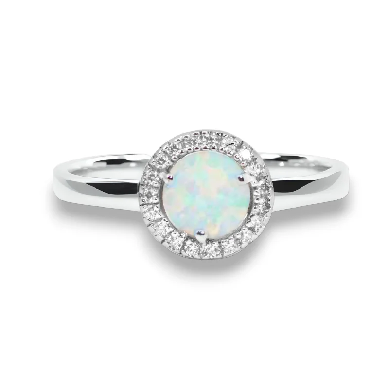 open cuff ring -Sterling Silver Round Created White Opal CZ Halo Ring