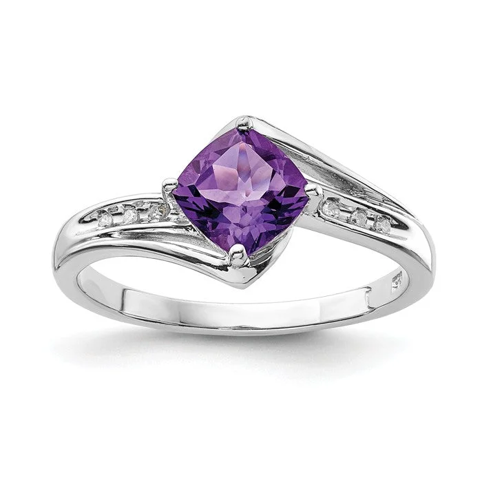 emerald cut diamond ring -Sterling Silver Cushion Cut Amethyst and Diamond Ring