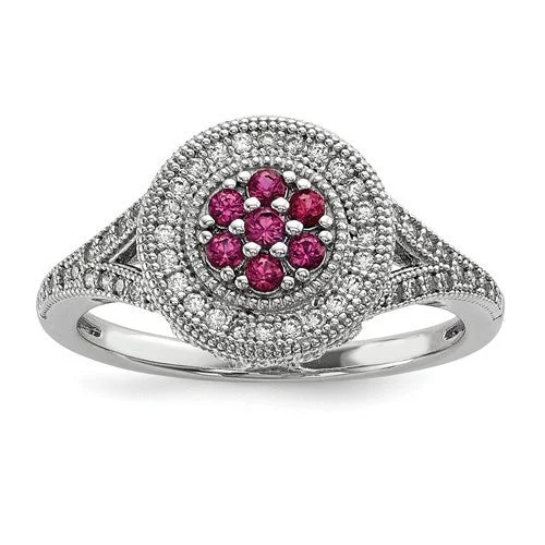 celestial moon and star ring -Sterling Silver White & Pink CZ Brilliant Embers Round Floral Halo Ring