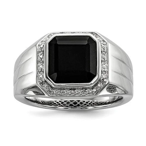 hexagon shape ring -Sterling Silver Diamond And Black Onyx Square Men's Ring